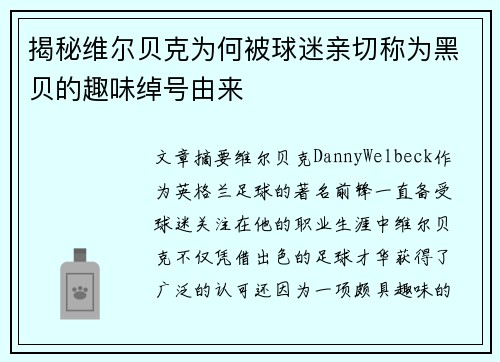 揭秘维尔贝克为何被球迷亲切称为黑贝的趣味绰号由来 揭秘维尔贝克为何被球迷亲切称为黑贝的趣味绰号由来
