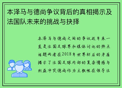 本泽马与德尚争议背后的真相揭示及法国队未来的挑战与抉择