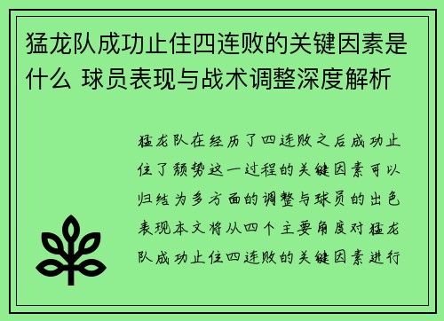 猛龙队成功止住四连败的关键因素是什么 球员表现与战术调整深度解析