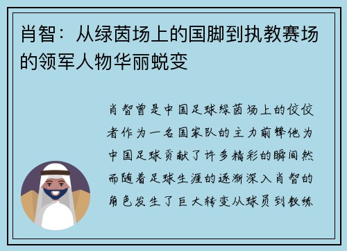 肖智:从绿茵场上的国脚到执教赛场的领军人物华丽蜕变 肖智:从绿茵场上的国脚到执教赛场的领军人物华丽蜕变